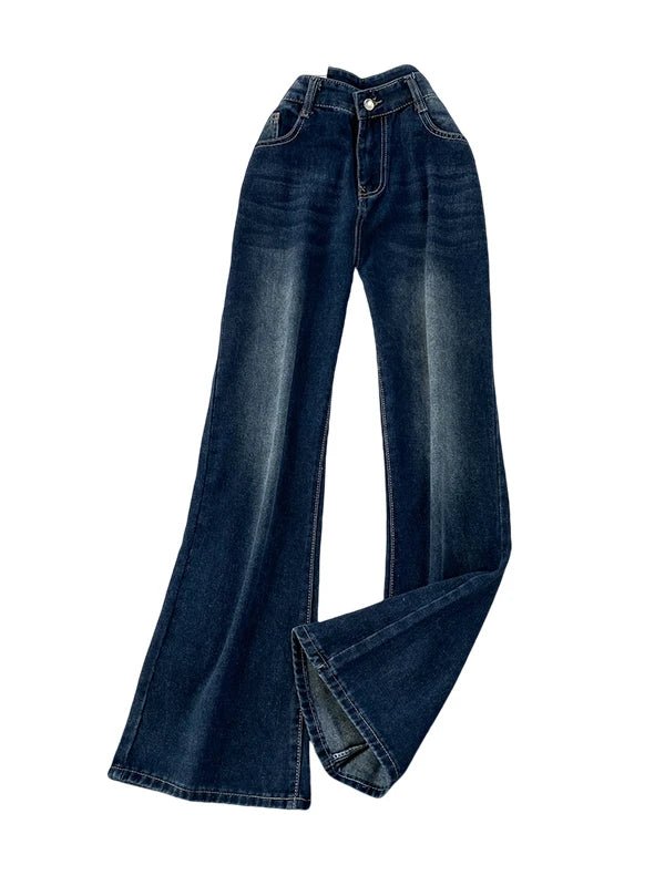 A pair of small-sized, retro American blue denim flared pants with heightening slim elastic, perfect for casual winter wear.