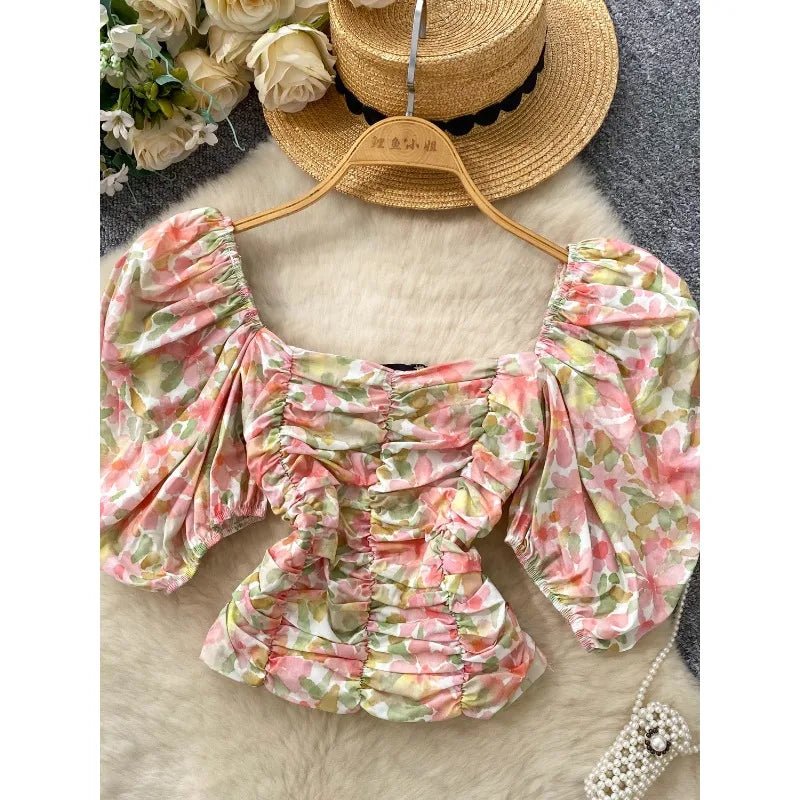 Blouses Fashion French Style Square Neck Bubble Sleeve Shirt Women Summer 2025 Pleated Waist Slim Fit Floral Top