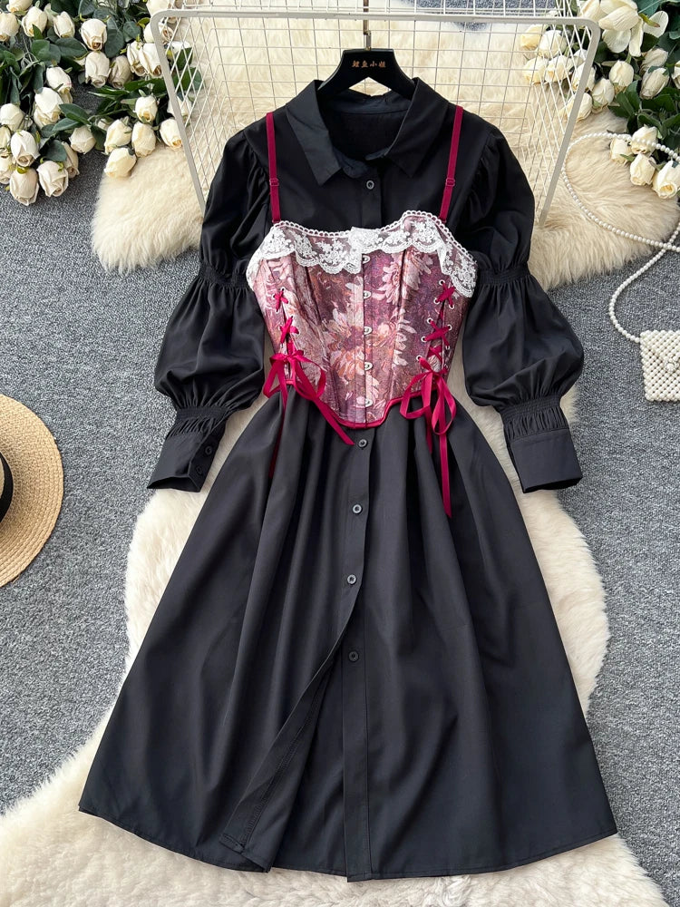 Retro Bubble Sve irt Dr Women's Spring White Collar Waist Cinched A-Line Skirt Two-Piece Set High Waist Polyester Fiber