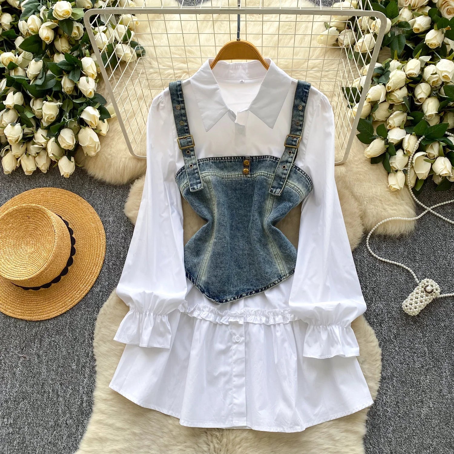 Spring Autumn Commute Sle Women's Faion Slimming Two-Piece Set High Waist Denim Belted Top Bot Ensemble Office Ready