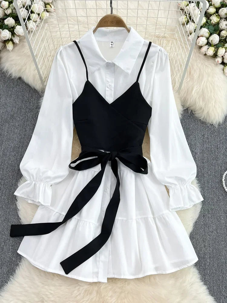 New Spring Autumn New Fashion Casual Suit Female Korean Loose White Shirt Dress Slim Vest Dress Two-piece Set GD786