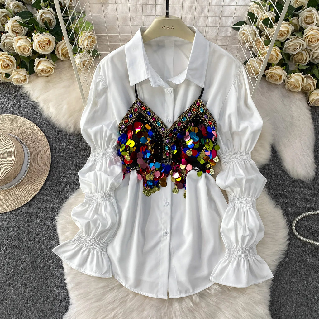 2 Piece Sets 2026 Women's Clothing Heavy Sequin Sking Vest Lantern Sleeve White Blouses Outfits Roupas Femme Chic Korean Suit