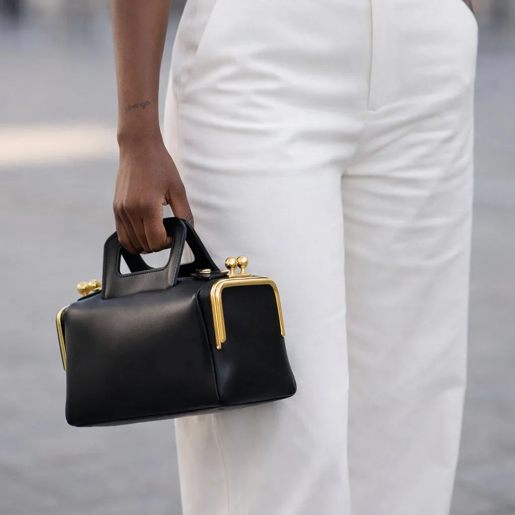 A luxurious designer bag for women with a two-sided clamp frame and a kiss lock.