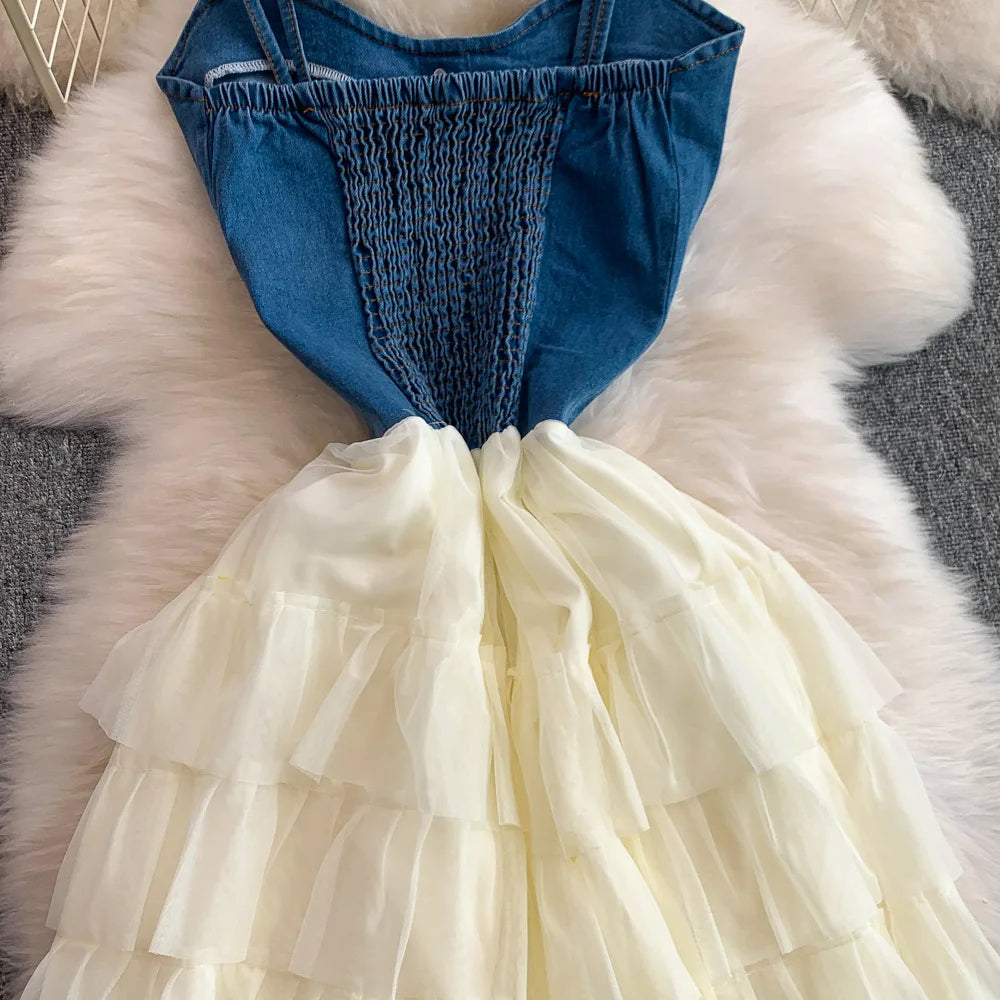 Fashion Denim Mesh Splicing Slip Dress Summer Women's High Waist Slimming A-line Beach Long Dresses Chic Cake Vestidos