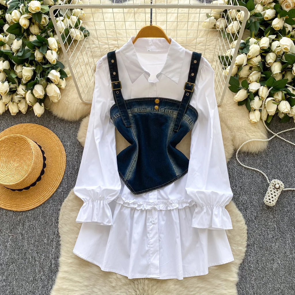 Spring Autumn Commute Sle Women's Faion Slimming Two-Piece Set High Waist Denim Belted Top Bot Ensemble Office Ready