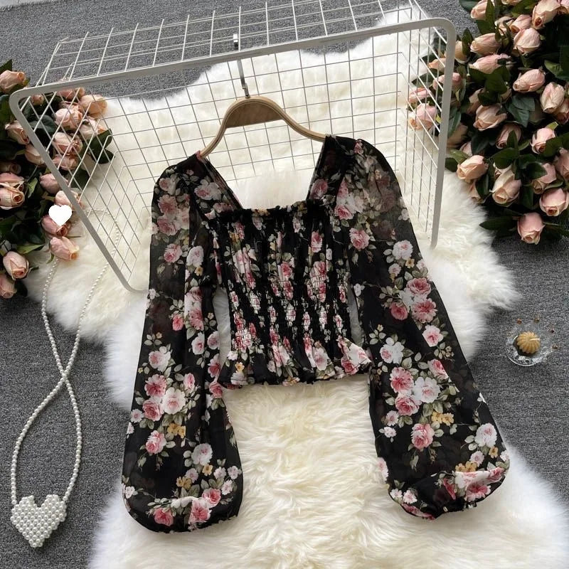 French Sweet Floral Print Chiffon Top Early Autumn 2025 New Women Slimming Bubble Lantern Sleeve Short Style Women's Blouse