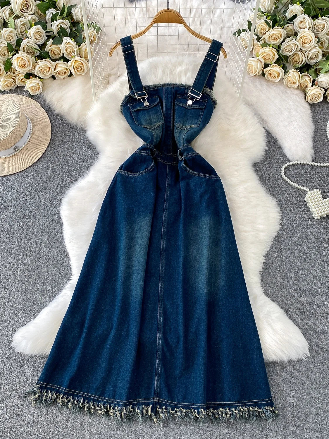 Hong Kong Sle Adjustable Strap Denim Dr Women's Autumn Winter Long Tassel Skirt High Waist A-Line Dr Casual Loose Fit