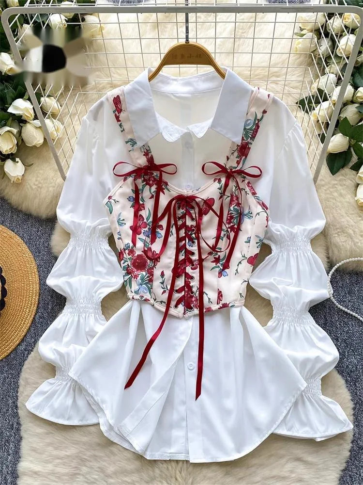 Korean Style Vintage Shirt Sets Women Lapel Puff Sleeves Loose Top+Lace Up Print Camis Fashion Vacation Retro Blouse