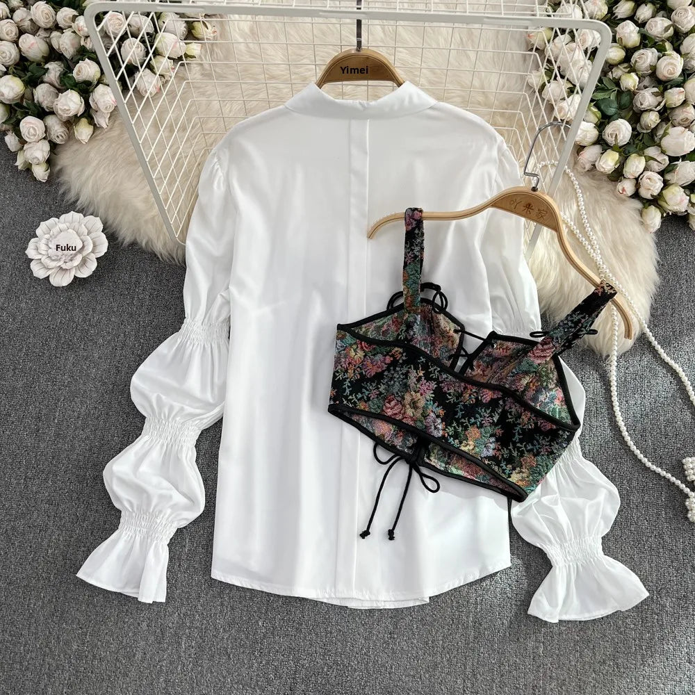 Loose Bubble Sve White irt Tank Top Set Korean Sle Commute Pure Color Long Sve  Collar Button Detail Regular Le...