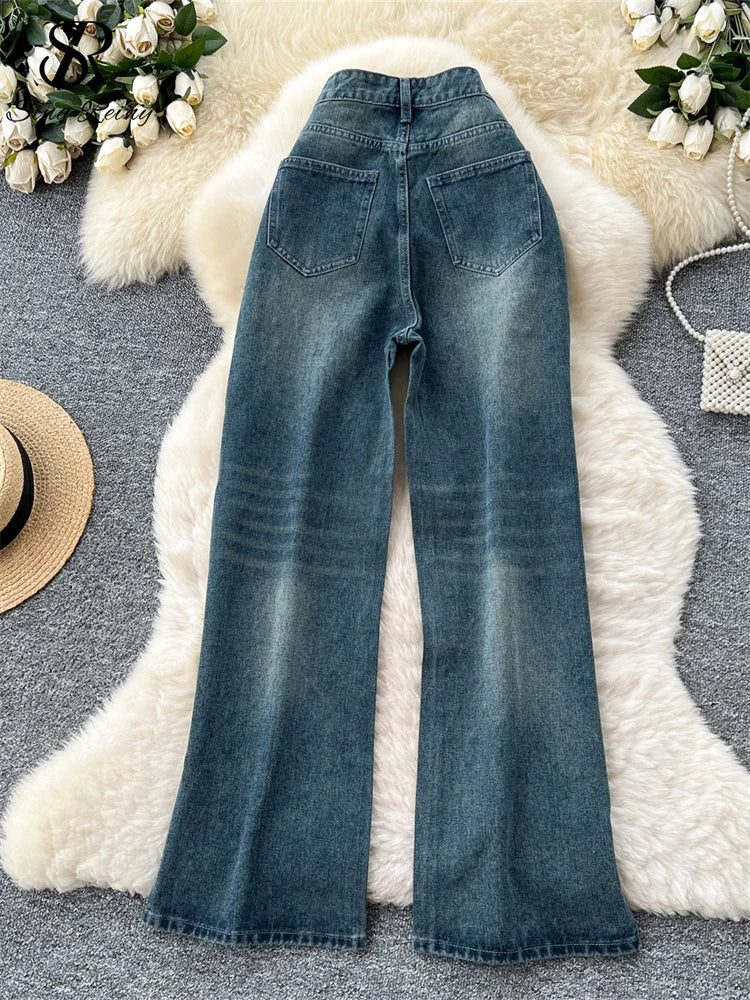 SINGREINY American Retro Diamonds Jeans Female High Waist Pockets Zipper Wide Legs Trousers Streetwear Loose Denim Long Pants