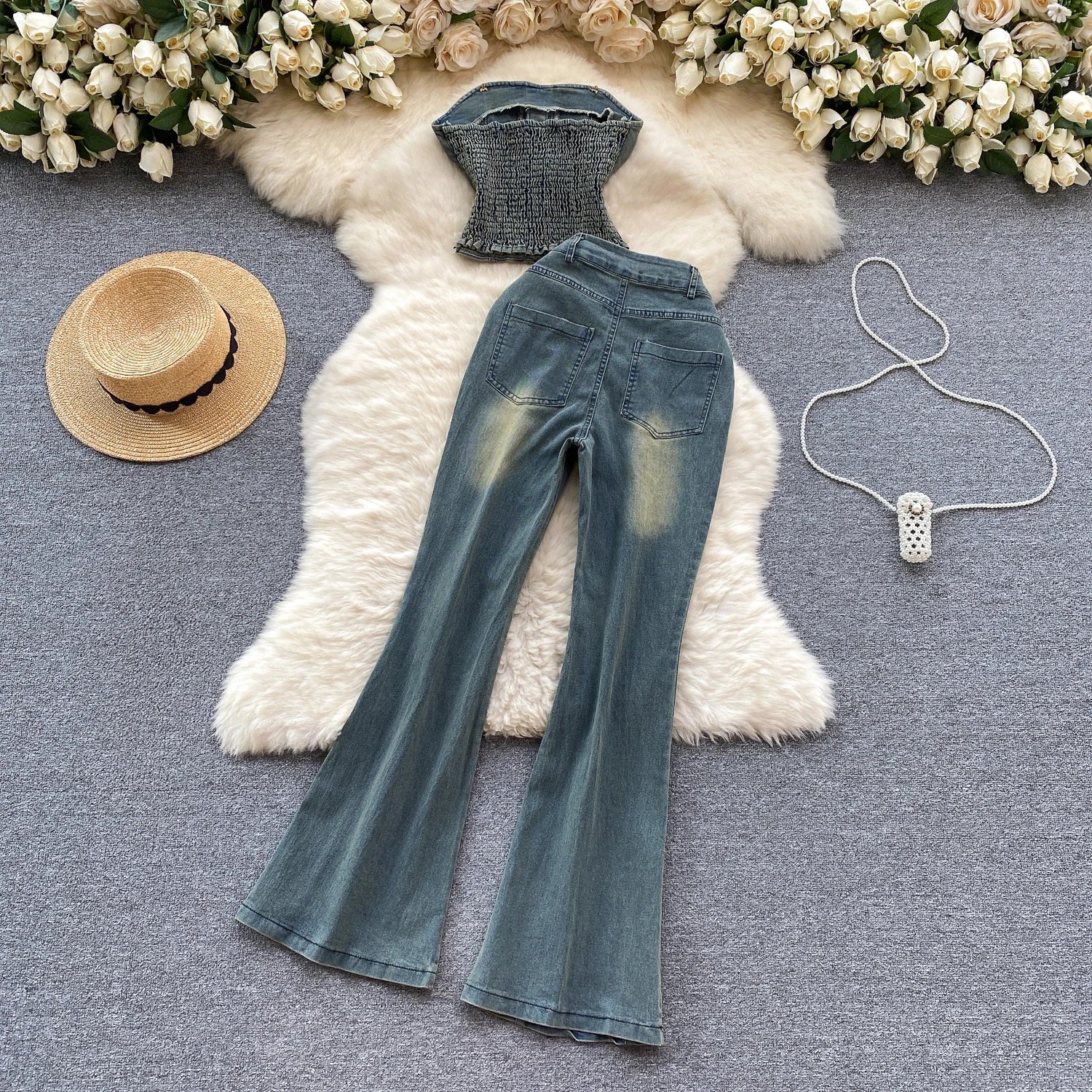 Women Denim 2 Piece Sets Jeans Flare Pants Strapless Top Sleeveless Boot Cut Trousers Outfits Embroidered Flares Summer Suit