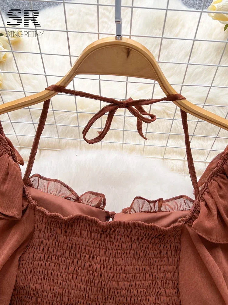 Y2k Flare Sleeve Women Tops Ruffle Solid Elastic Waist Halter Backless Chiffon Slim Ladies Harajuku Sexy Short Blouse