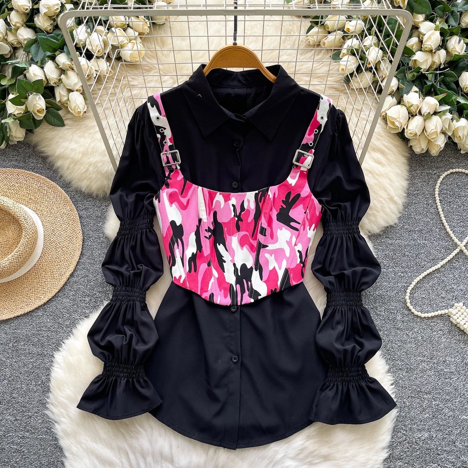 Retro Bubble Sve irt Waist Cinched Slimming Commute Set Women's Faion Spring Autumn New Sle High Waist Straight Cut