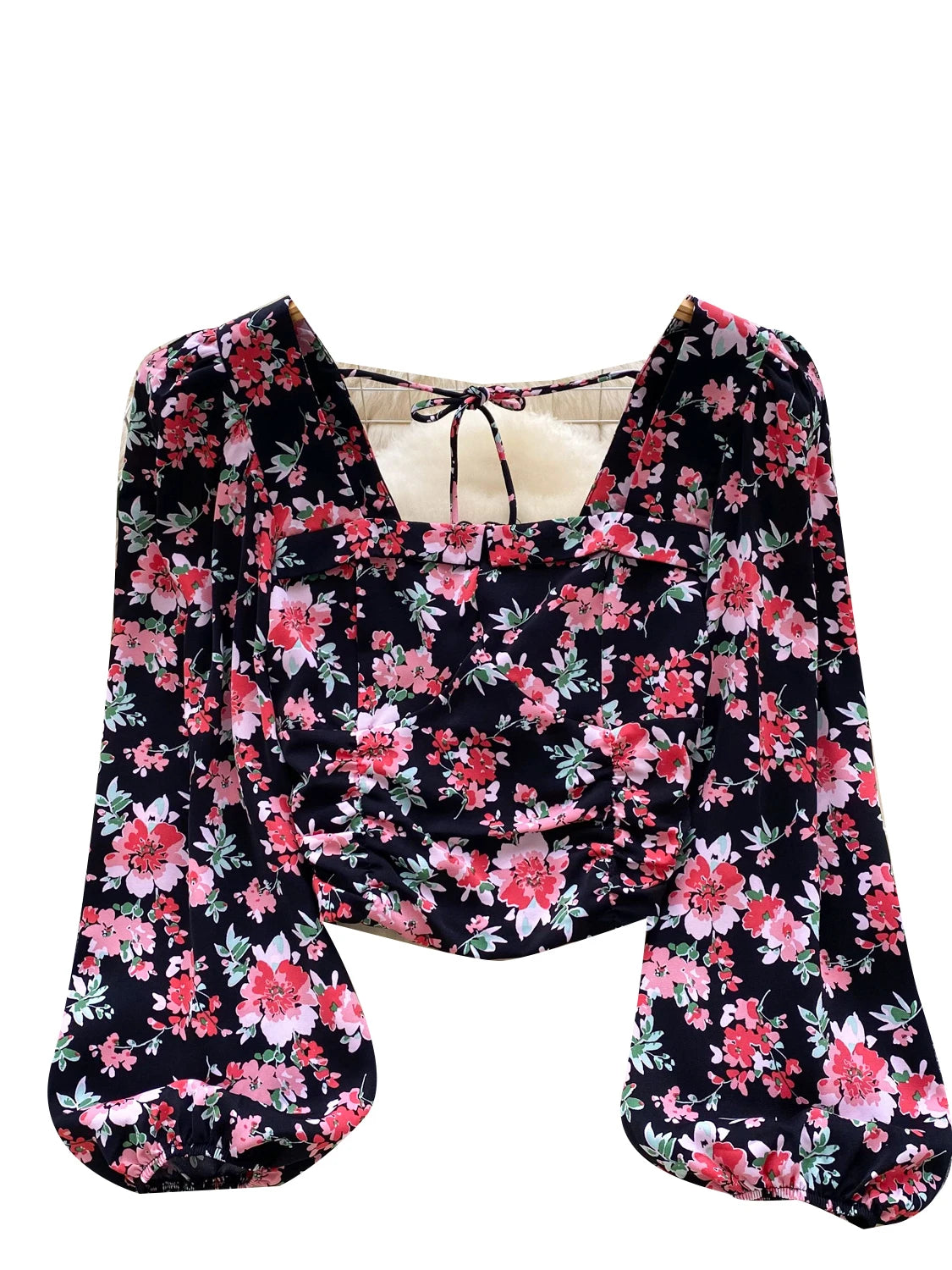 Ele Floral Print Bubble Sve Square Collar ort irt Women's Summer Tie Waist Retro Spicy Girl Beautiful Top Trendy