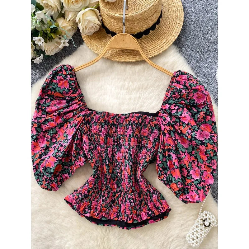 Blouses Fashion French Style Square Neck Bubble Sleeve Shirt Women Summer 2025 Pleated Waist Slim Fit Floral Top