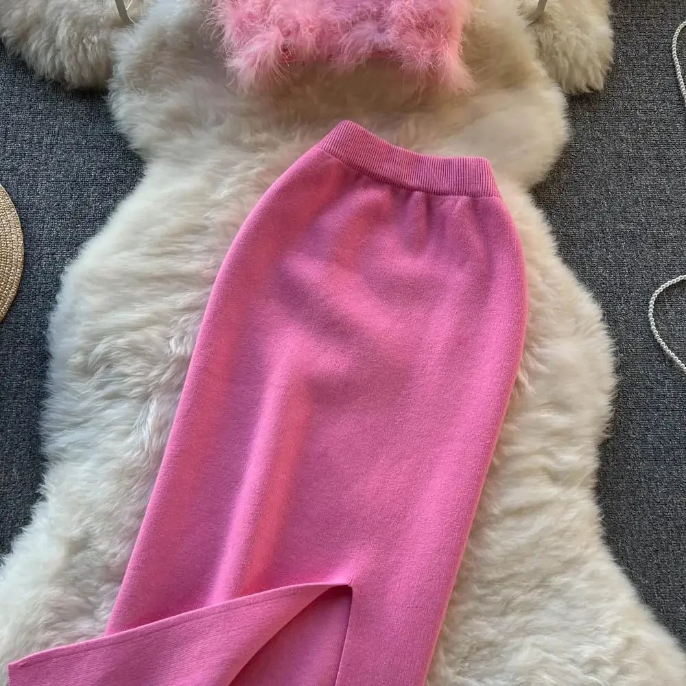 New Pink Women’s Knit Two-Piece Sets: Sexy Short Top with Elastic Waist and Knit Split Long Skirt. Fashion Solid Women’s Suits.