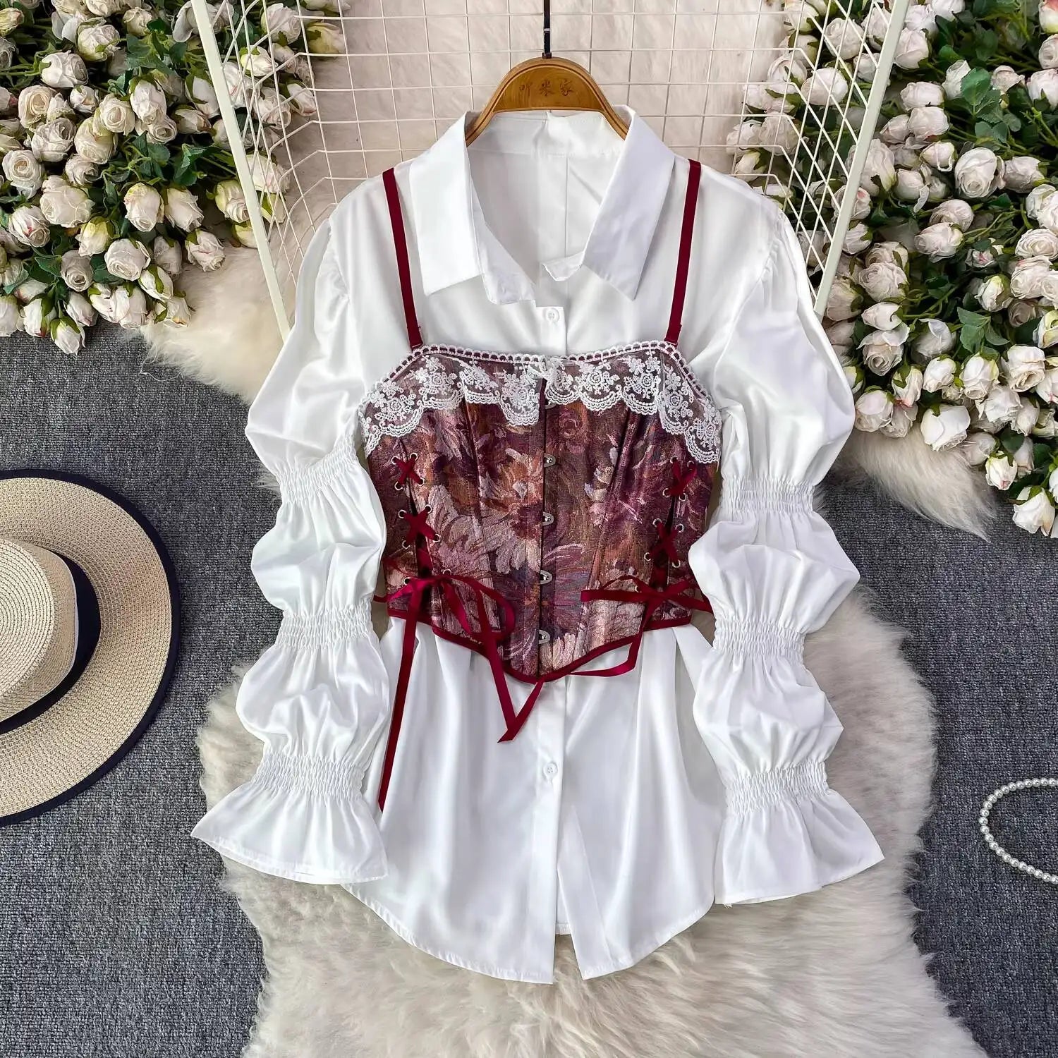 XFPV Elegant 2 Pieces Set Lace Splicing Waist-cinching Slim Jacquard Camisole + Versatile Lantern Sleeve Shirt 2026 Spring New