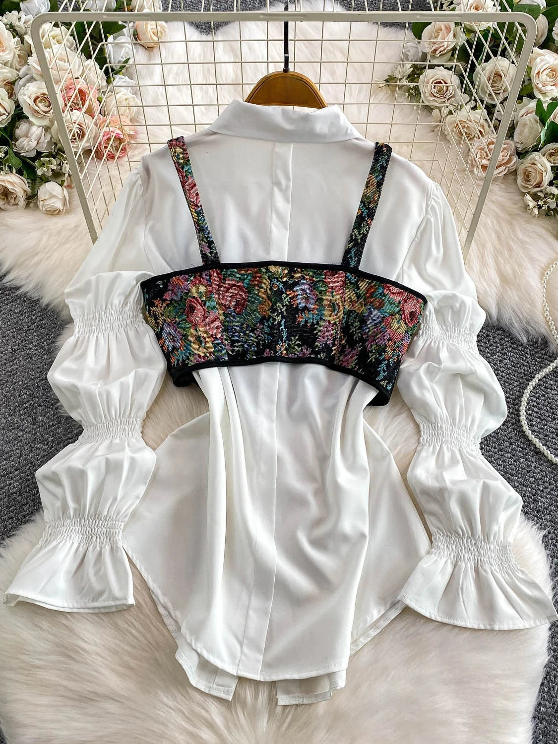 Retro Sle Slimming Lace irt with Belt And Lantern Sves Women's Casual Long Sve irt Floral Embroidery Patchwork
