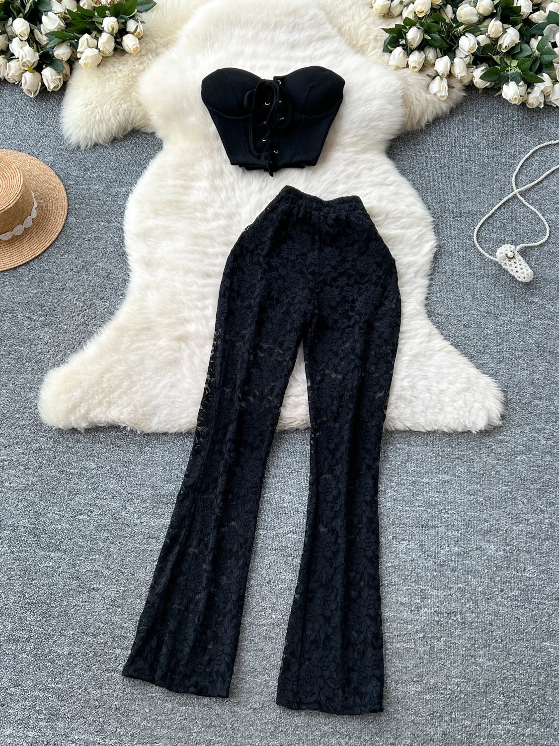 Women's Slim Fit Lace Casual Pants Tie Design Svel Crop Top High Waist Butt Covering Summer Faion Set Two Pieces