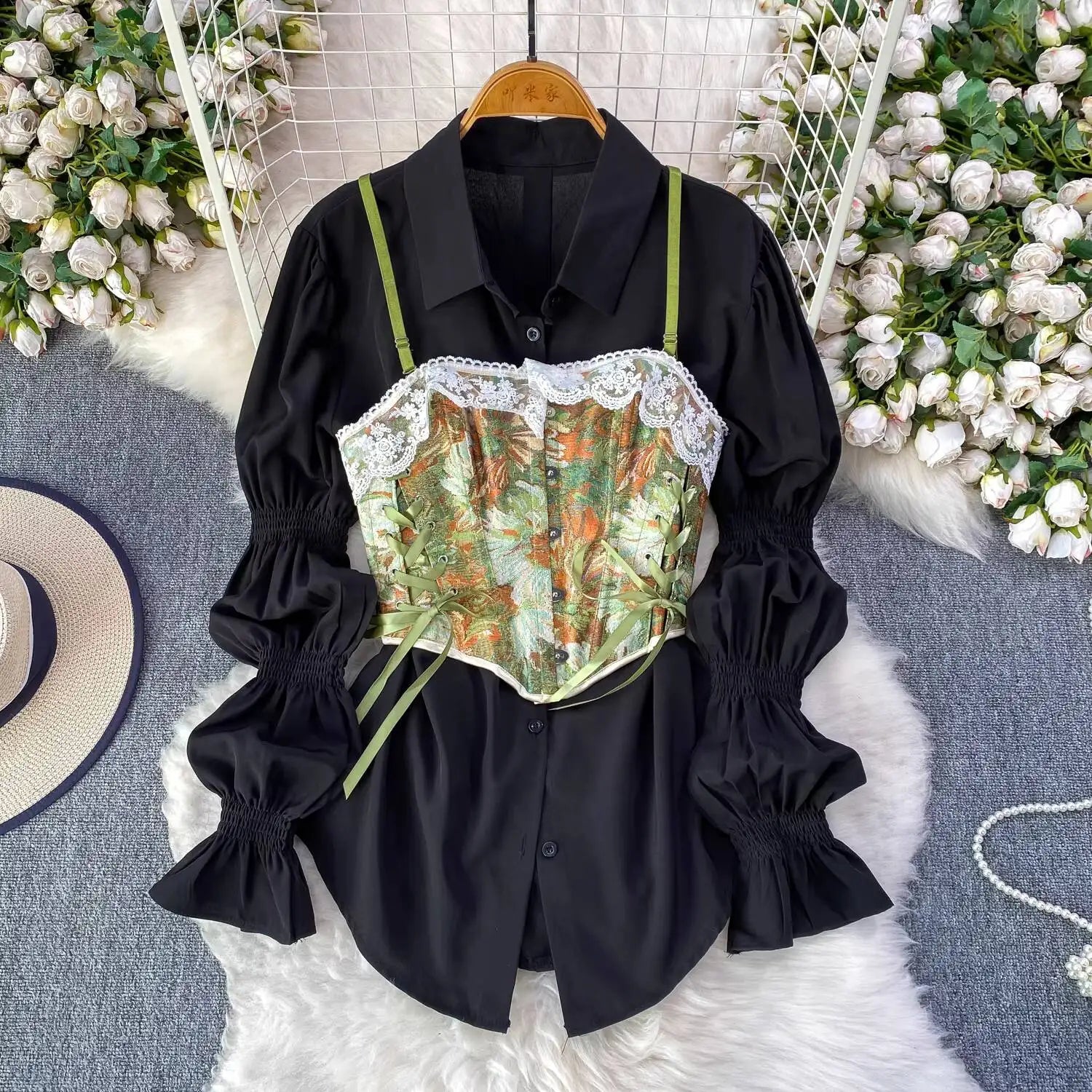 XFPV Elegant 2 Pieces Set Lace Splicing Waist-cinching Slim Jacquard Camisole + Versatile Lantern Sleeve Shirt 2026 Spring New