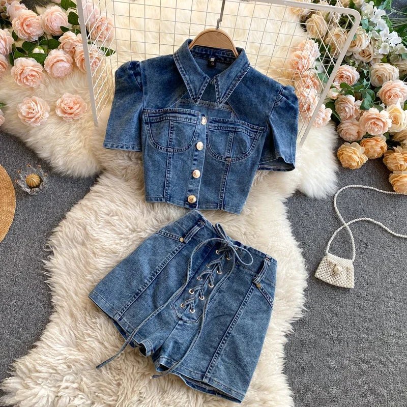 American vintage denim two - piece sets for women feature polo collars, hollow - out tops, and high waistband bandage hot shorts. - MODE SEPHRA