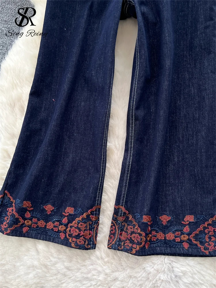 SINGREINY Korean Fashion Denim Pants Women's High Waist Embroidery Chic Wide Legs Trousers Autumn Loose Casual Daily Jeans
