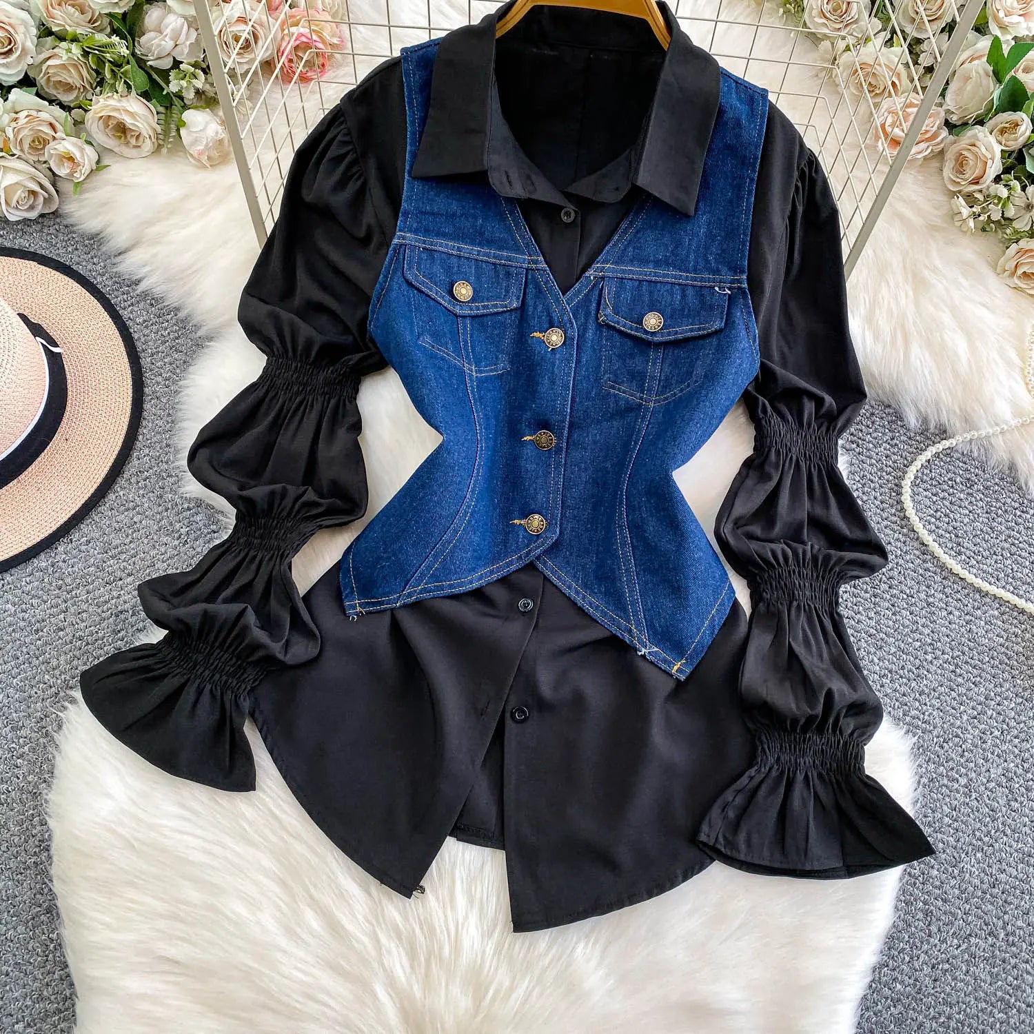 SuperAen Korean Style Office Lady Loose Lantern Sleeve Shirt Single-breasted V-neck Vest Denim Jacket Two-piece Sets