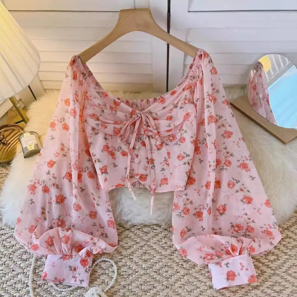Chiffon Women Blouse New Arrival Bare Midriff Long Puff Sleeve Floral Print Lace Up Skinny Blusa Autumn Versatile Tops Dropship