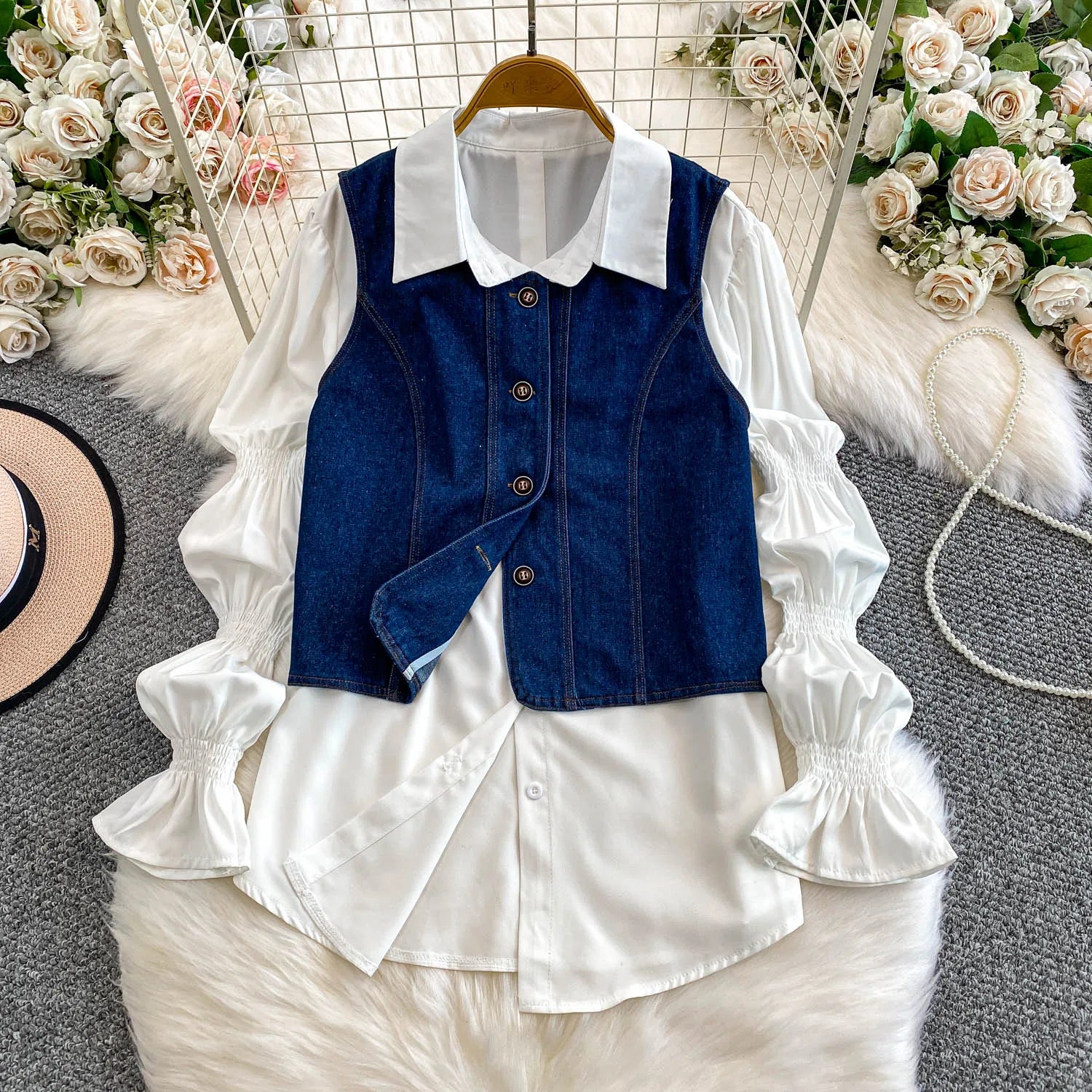 2 Piece Sets Women's Clothing 2025 Lantern Sleeve White Shirts Slim Fit Single-breasted Denim Vest Coat Suit Chic Casual Outfits
