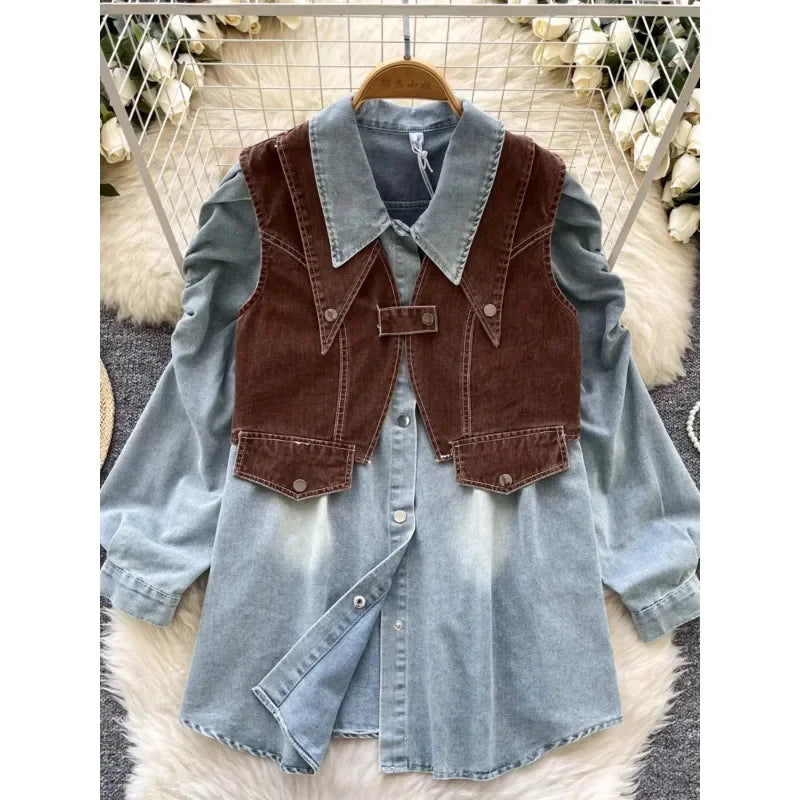 Denim Two Piece Sets Women's Clothing Gentle Suit Layered Outfit Buckle Vest Korean Fashionable Bubble Sleeve Shirts Wholesale