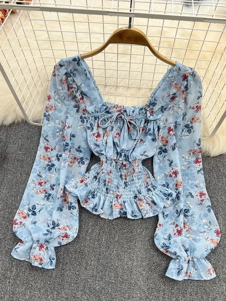 Women Spring Korean Version of The Retro Square Neck Puff Sleeve Lotus Leaf Floral Chiffon Short Blouse Tops Female D0749