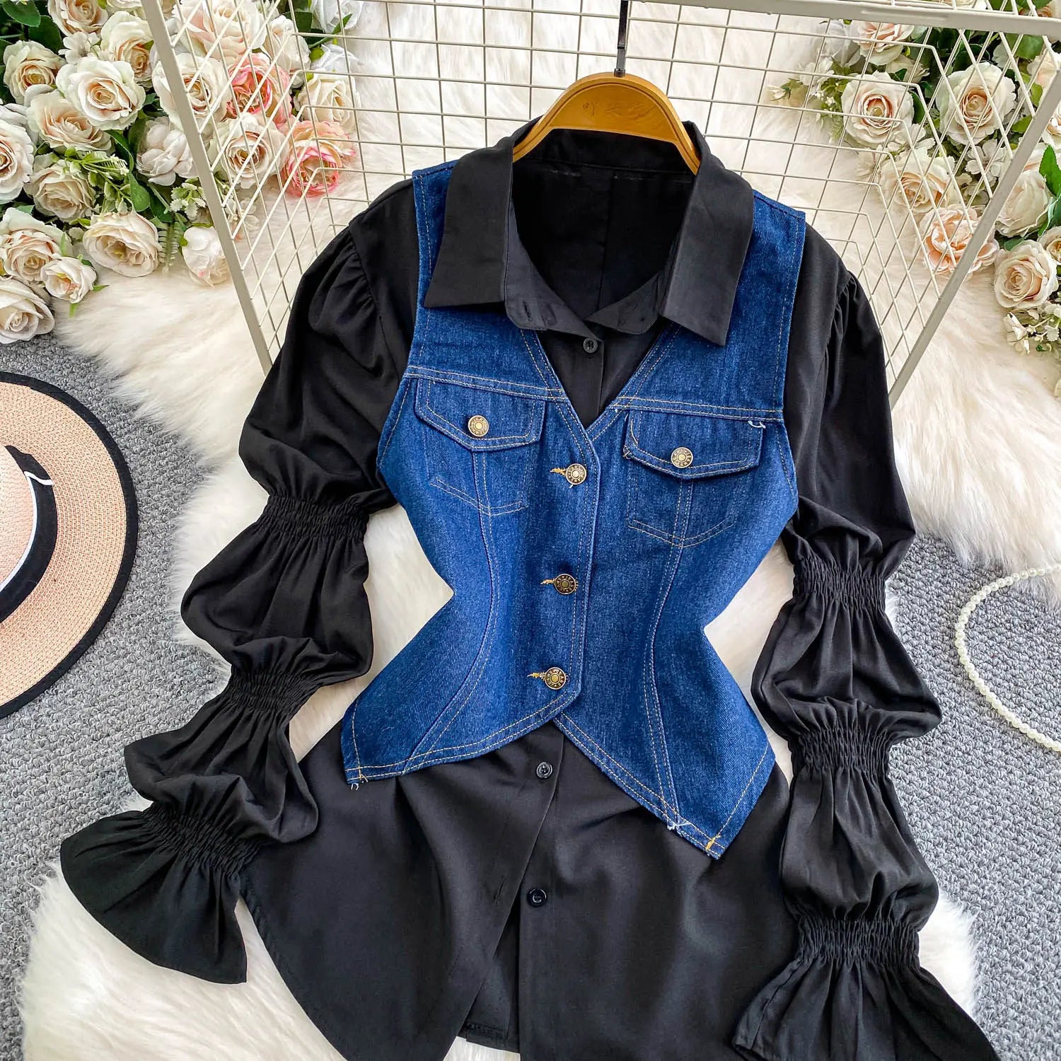 SuperAen Korean Style Office Lady Loose Lantern Sleeve Shirt Single-breasted V-neck Vest Denim Jacket Two-piece Sets