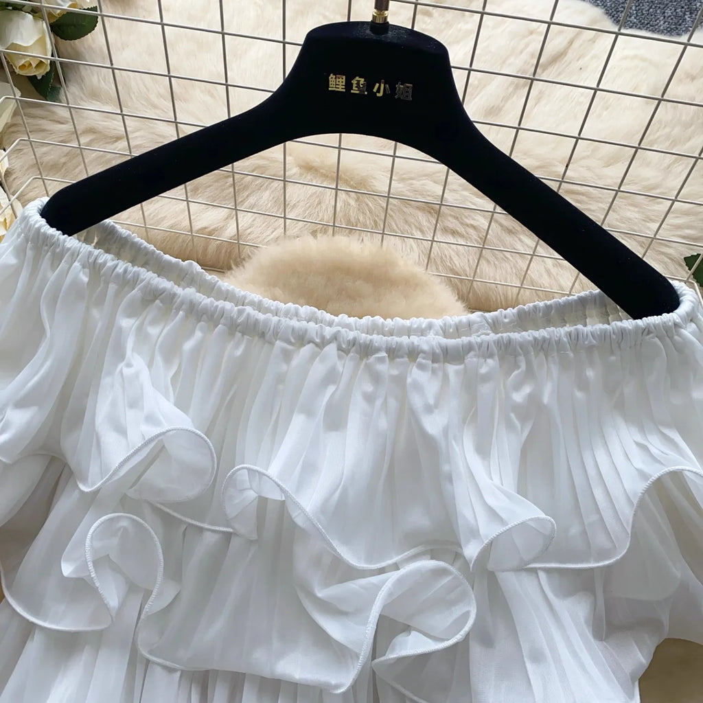 New Summer Sweet Chic Slash Neck Folded Ruffles Chiffon Shirt Women's Sexy Sleeveless Black White Short Blouses Pullover Tops