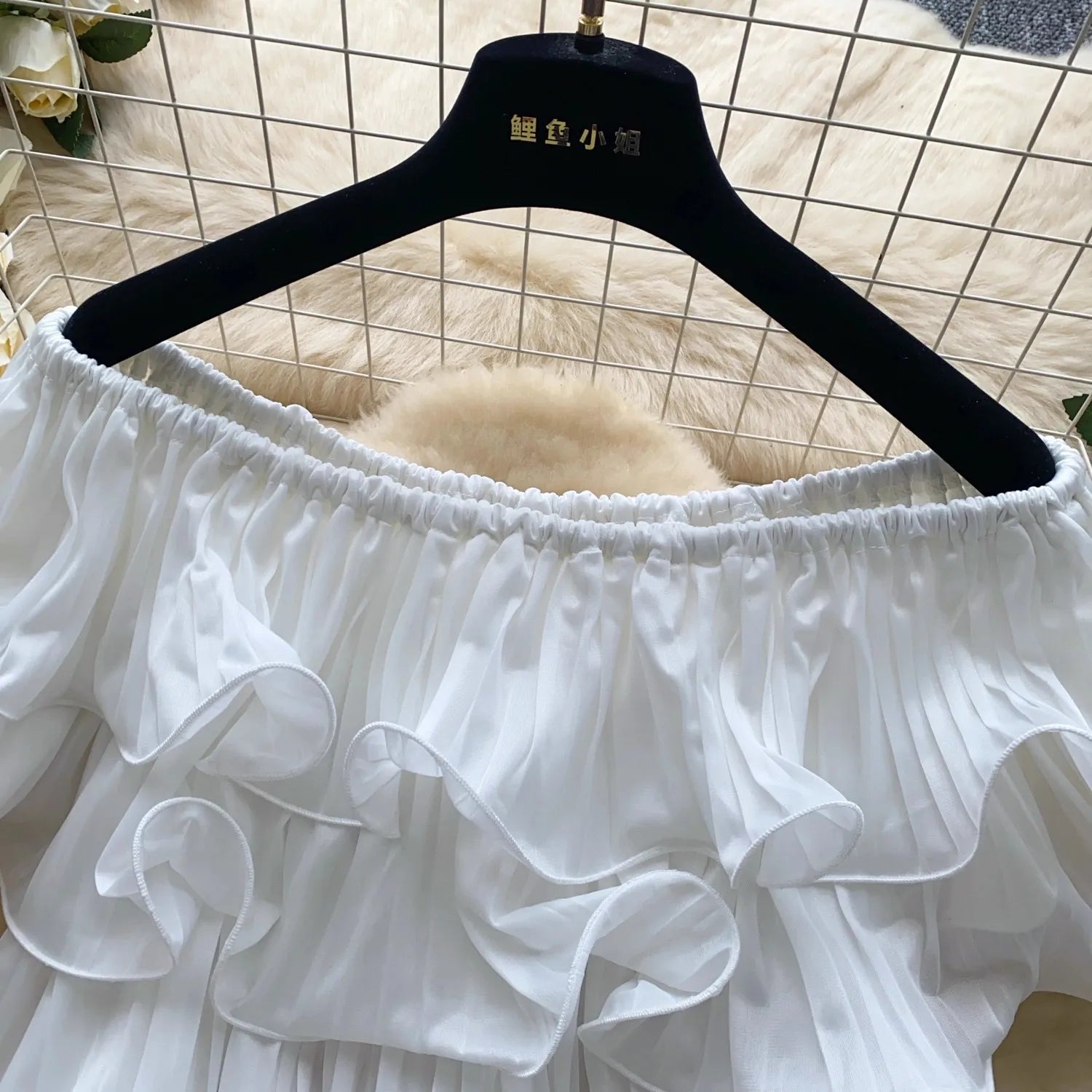 New Summer Sweet Chic Slash Neck Folded Ruffles Chiffon Shirt Women's Sexy Sleeveless Black White Short Blouses Pullover Tops