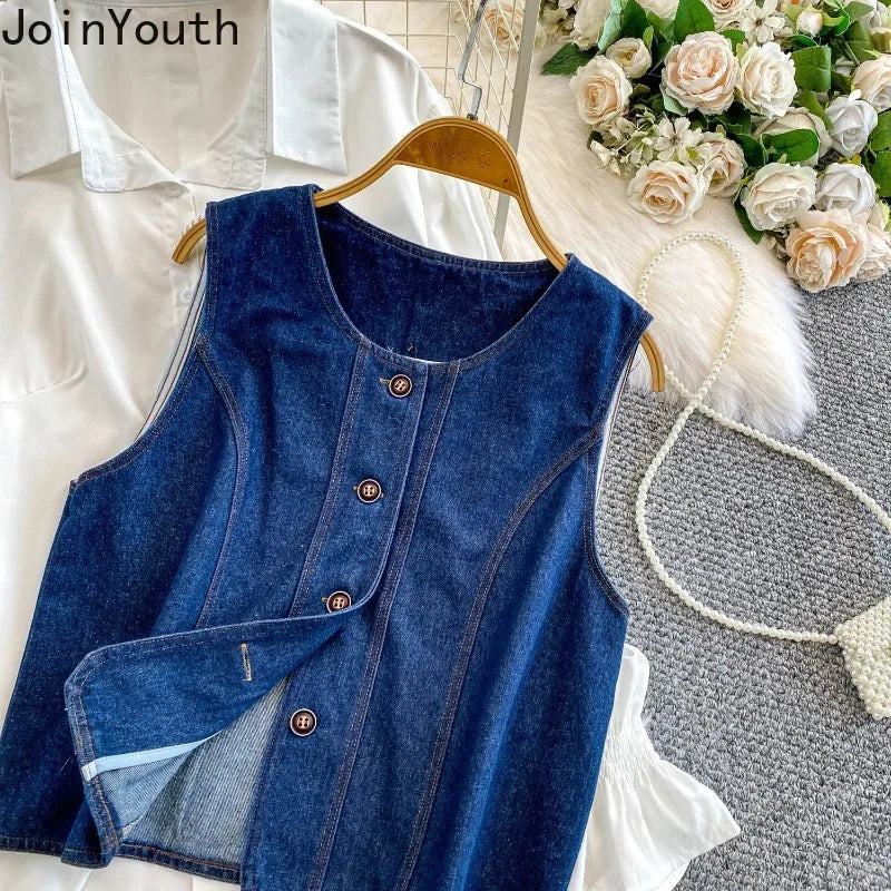 2 Piece Sets Women's Clothing 2025 Lantern Sleeve White Shirts Slim Fit Single-breasted Denim Vest Coat Suit Chic Casual Outfits