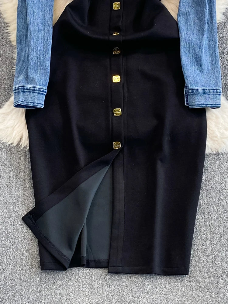 Women's Denim Patchwork Dresses Single Breasted Slim Single Breasted Wrapped Hip Dress Vestidos Fashion Spring Autumn Dress 3573