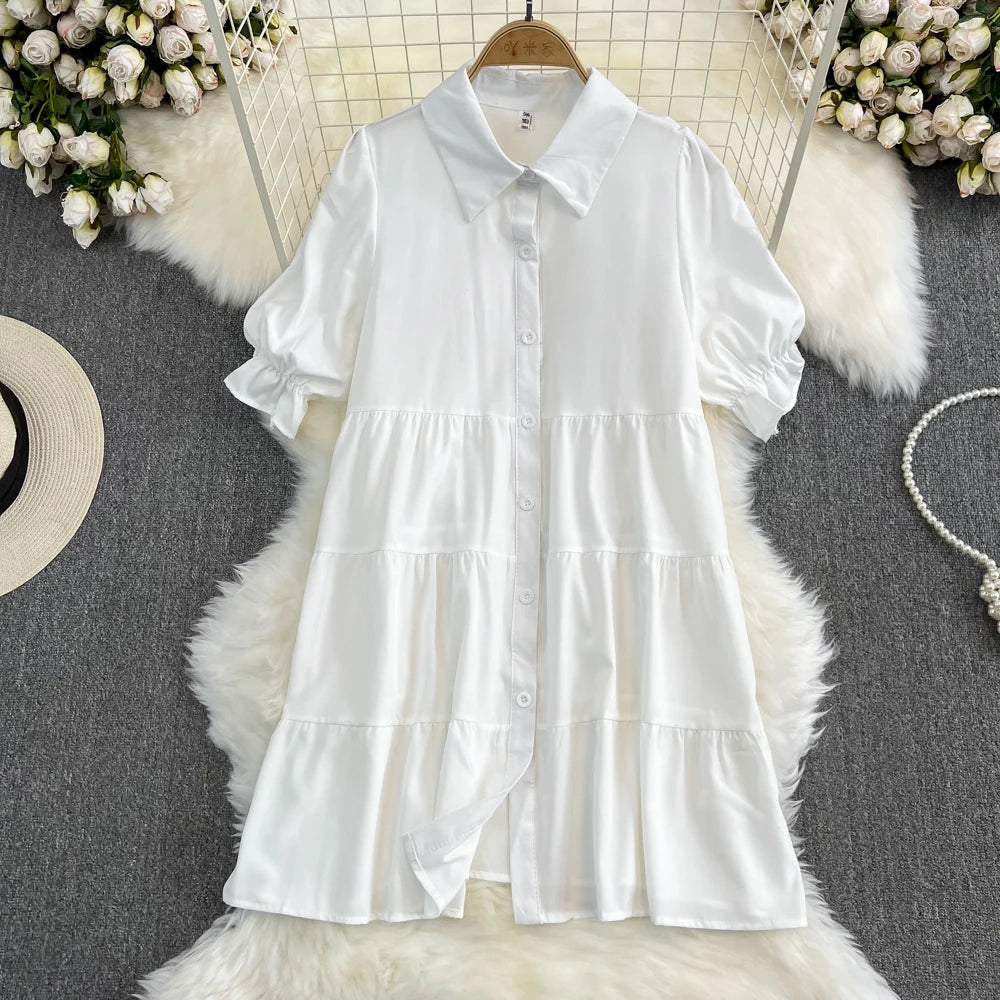 Summer Women's White Shirt Dresses Denim Vest Top Short Sleeve Turn Down Collar Single-breasted A-line Dress Two Piece Set