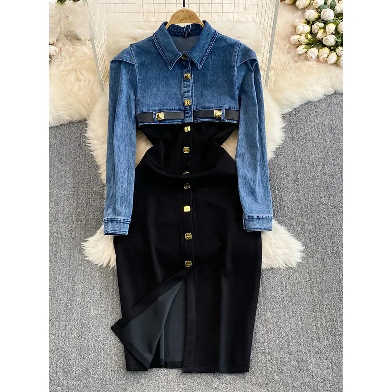 Women's Denim Patchwork Dresses Single Breasted Slim Single Breasted Wrapped Hip Dress Vestidos Fashion Spring Autumn Dress 3573