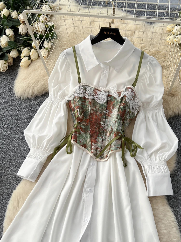 Retro Bubble Sve irt Dr Women's Spring White Collar Waist Cinched A-Line Skirt Two-Piece Set High Waist Polyester Fiber