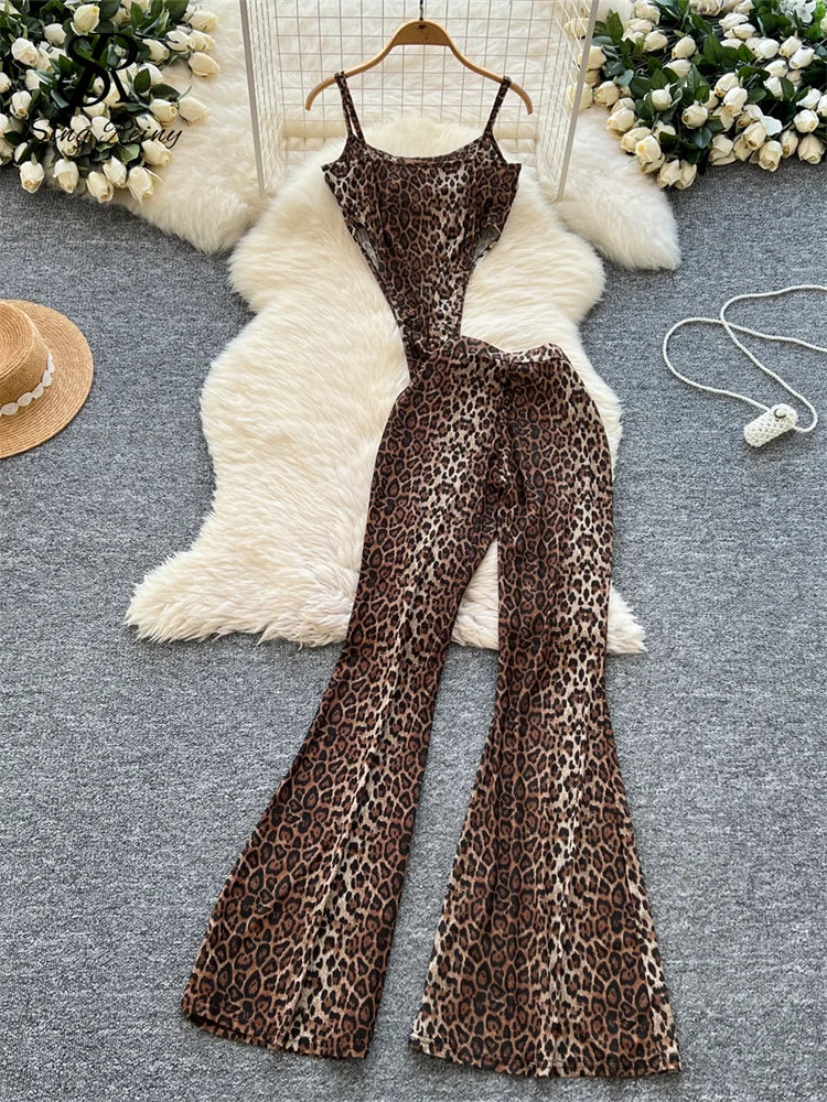 SINGREINY 2026 Newest Leopard 2pcs Suits Women Sexy Strap Tops+Elastic Waist Flared Pants American Ins Fashion Hotsweet Sets