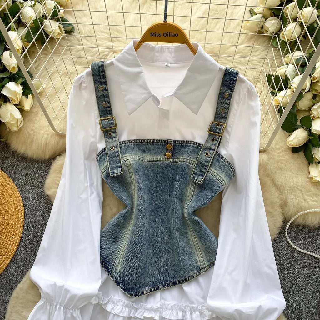 Spring Autumn Commute Sle Women's Faion Slimming Two-Piece Set High Waist Denim Belted Top Bot Ensemble Office Ready