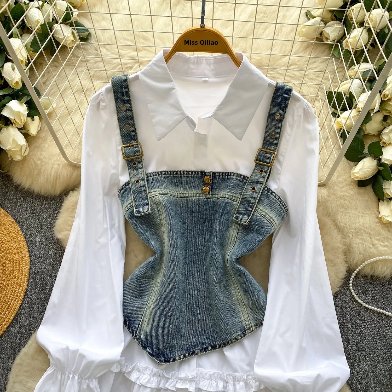 Spring Autumn Commute Sle Women's Faion Slimming Two-Piece Set High Waist Denim Belted Top Bot Ensemble Office Ready