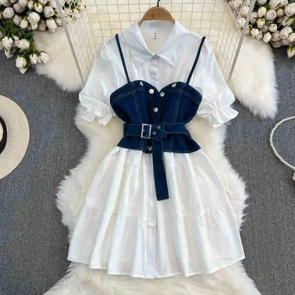 Summer Women's White Shirt Dresses Denim Vest Top Short Sleeve Turn Down Collar Single-breasted A-line Dress Two Piece Set