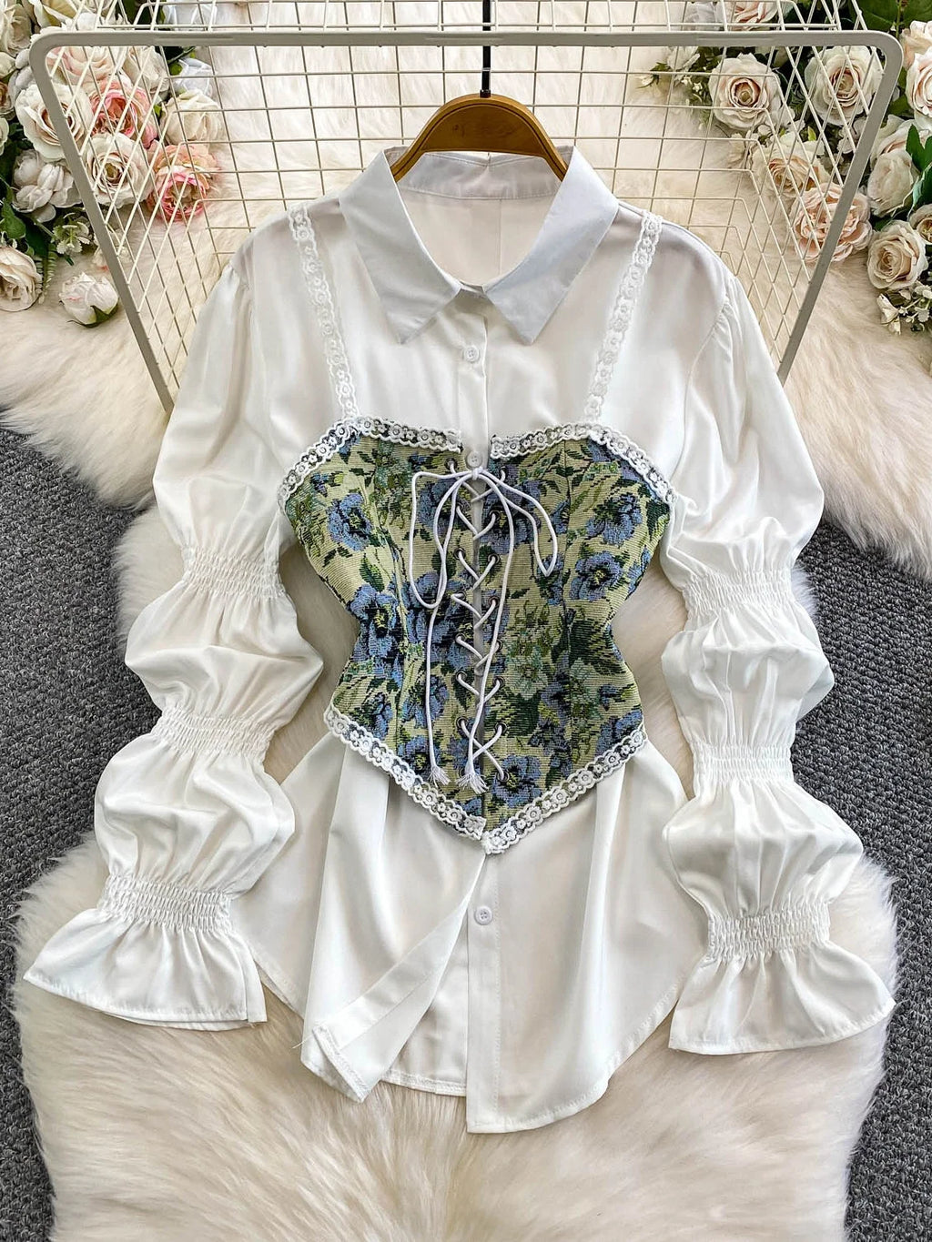 Retro Lace Patchwork Bell Sve irt Set Sweet Sle Slimming Waist Design Strap Top Versatile Long Sve Printed Casual Wear