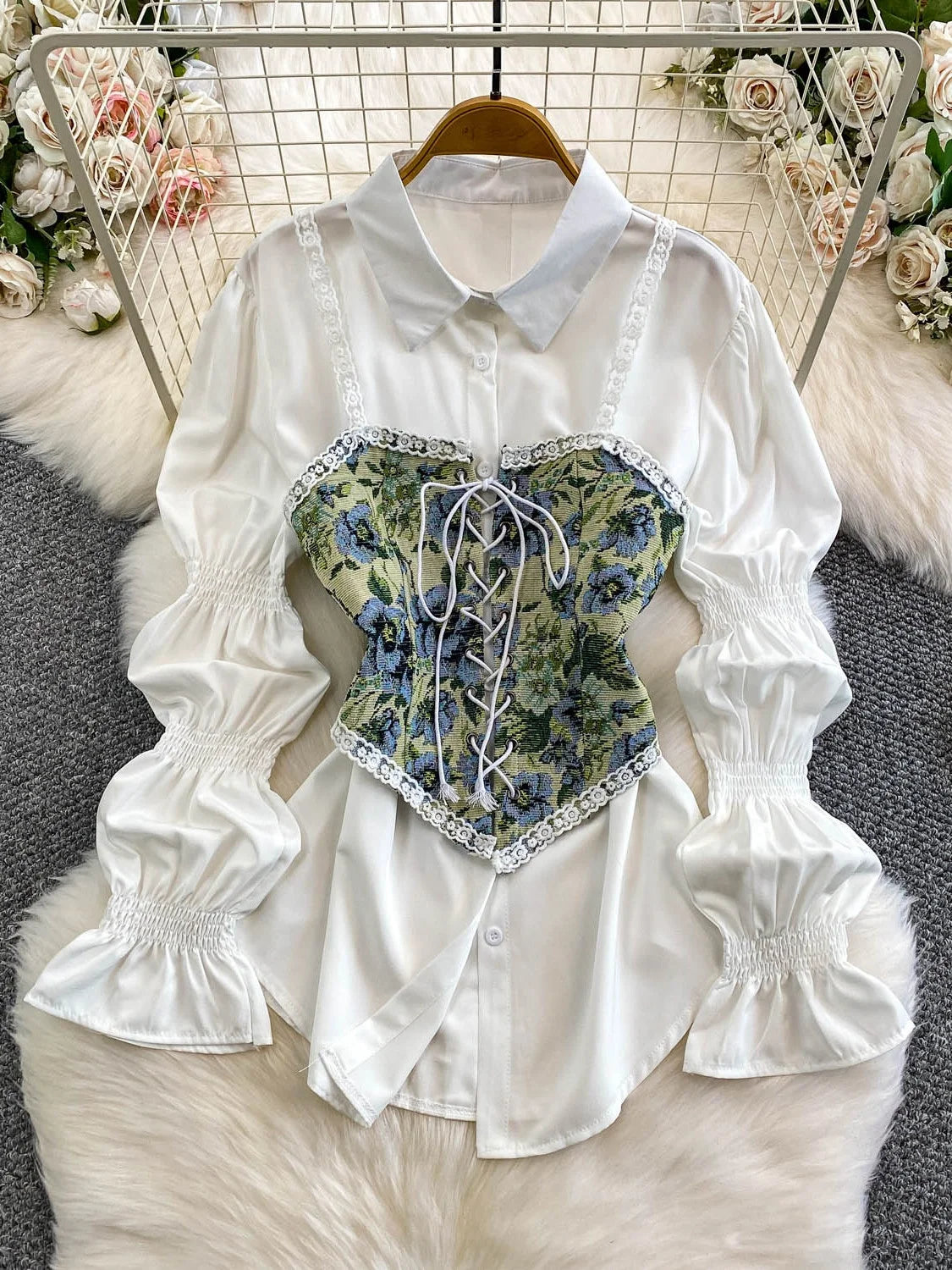 Retro Lace Patchwork Bell Sve irt Set Sweet Sle Slimming Waist Design Strap Top Versatile Long Sve Printed Casual Wear