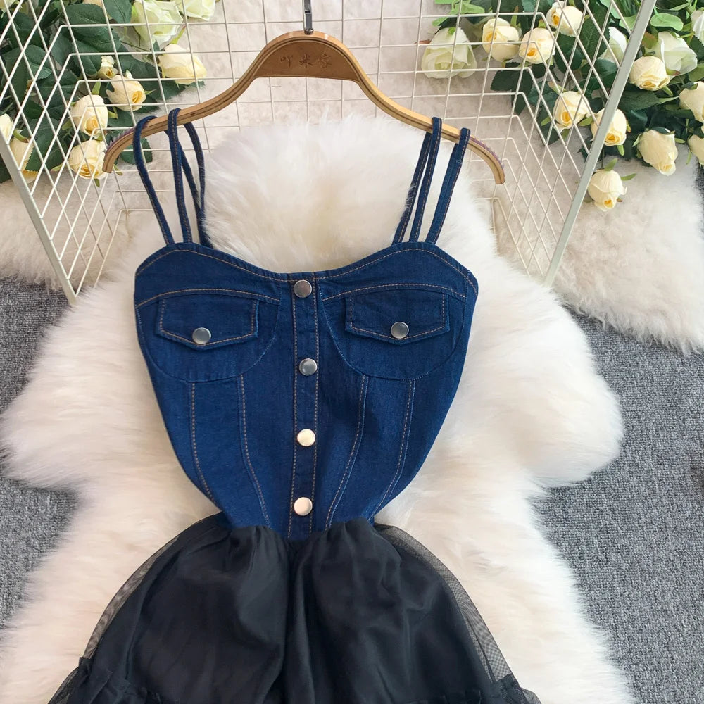 Fashion Denim Mesh Splicing Slip Dress Summer Women's High Waist Slimming A-line Beach Long Dresses Chic Cake Vestidos
