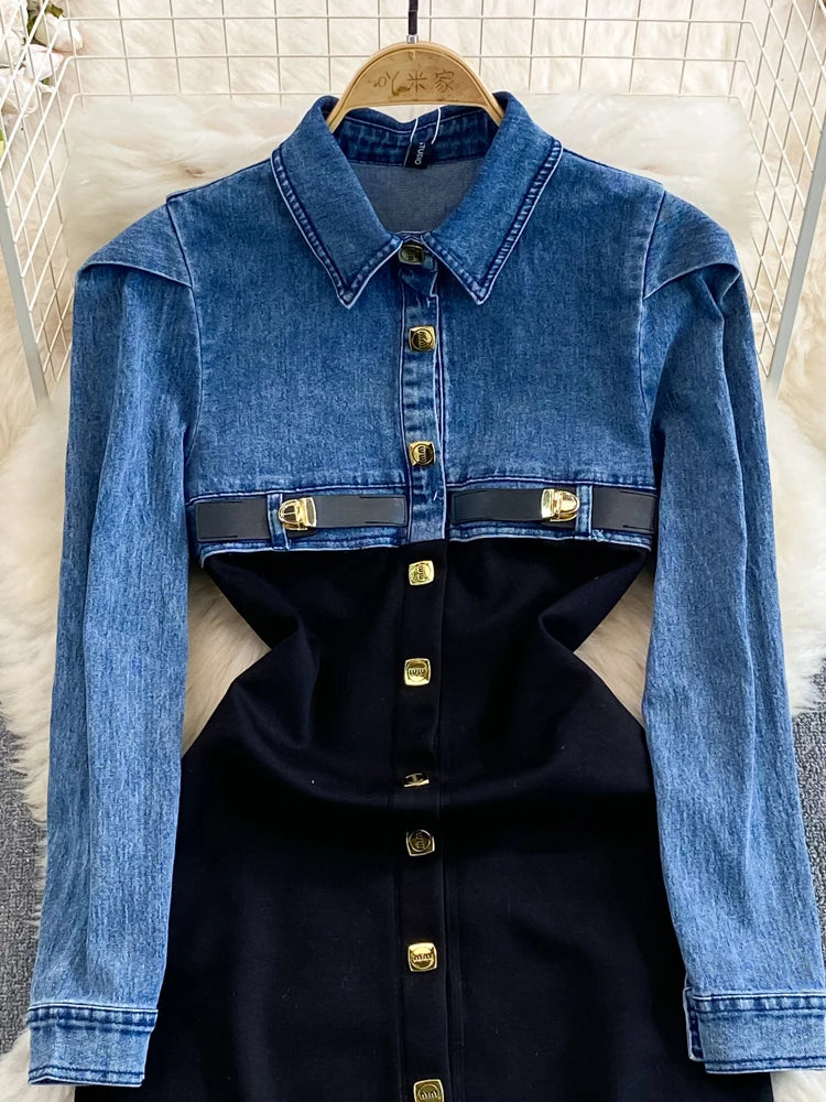 Women's Denim Patchwork Dresses Single Breasted Slim Single Breasted Wrapped Hip Dress Vestidos Fashion Spring Autumn Dress 3573