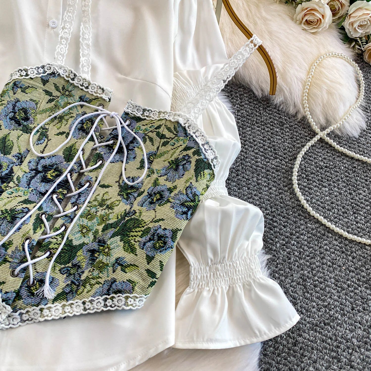 Retro Lace Patchwork Bell Sve irt Set Sweet Sle Slimming Waist Design Strap Top Versatile Long Sve Printed Casual Wear