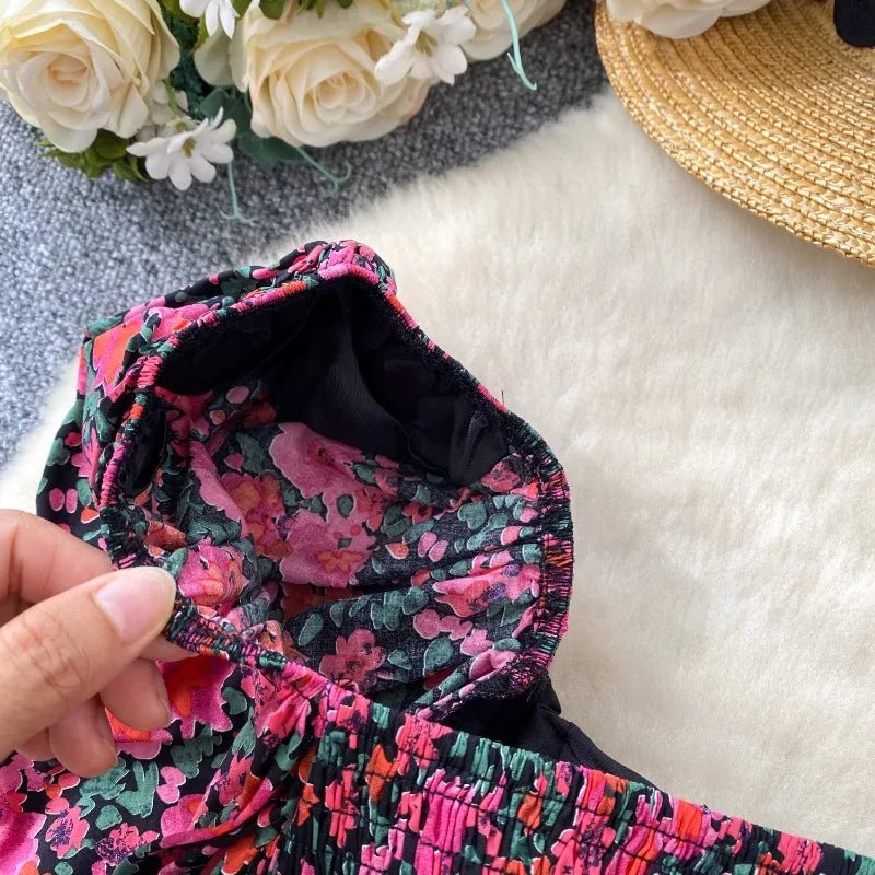 Blouses Fashion French Style Square Neck Bubble Sleeve Shirt Women Summer 2025 Pleated Waist Slim Fit Floral Top