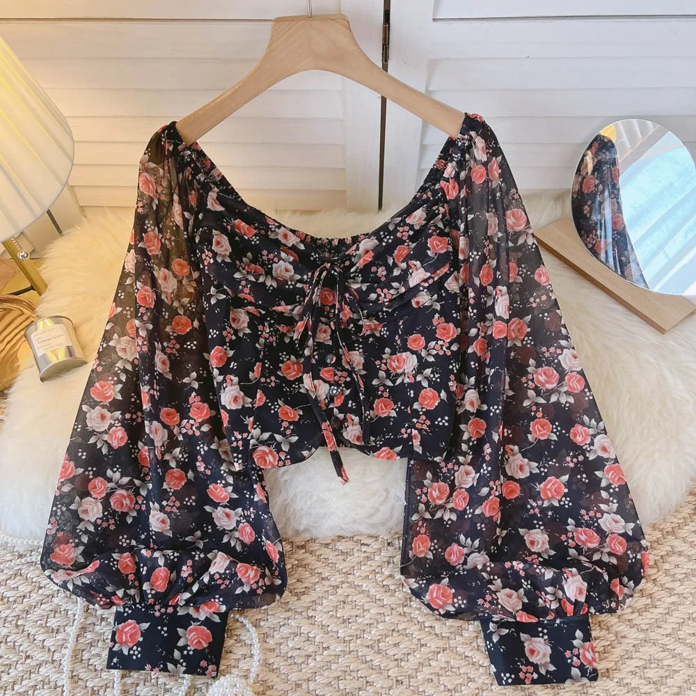Chiffon Women Blouse New Arrival Bare Midriff Long Puff Sleeve Floral Print Lace Up Skinny Blusa Autumn Versatile Tops Dropship